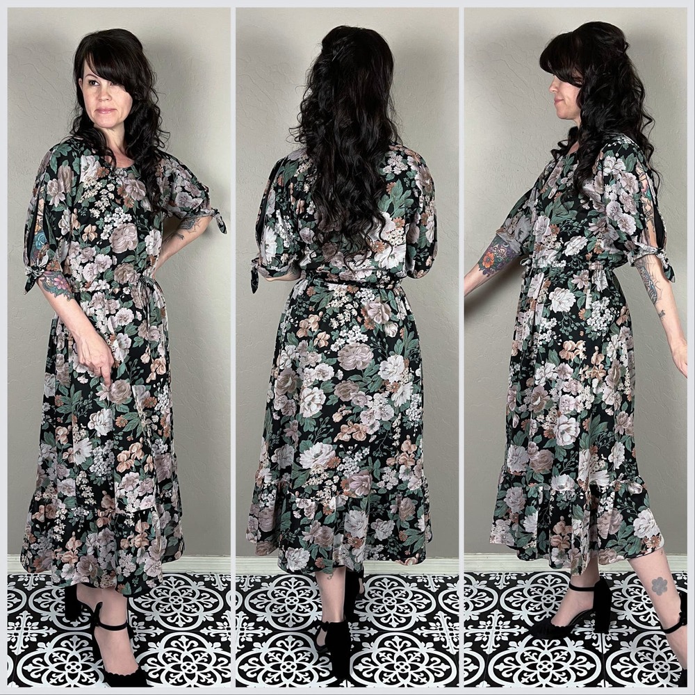 Vintage 1970s Homemade Black Floral Split Sleeve Midi Dress - Picture 3 of 7